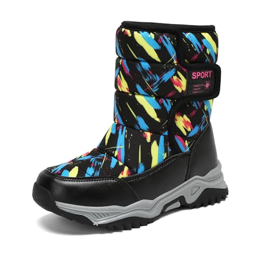 CERYTHRINA Kinder Schneestiefel Warm Gefütterte Klettverschluss Winterschuhe Outdoor Mode rutschfeste Winterstiefel für Jungen Mädchen Schwarz 37 von CERYTHRINA