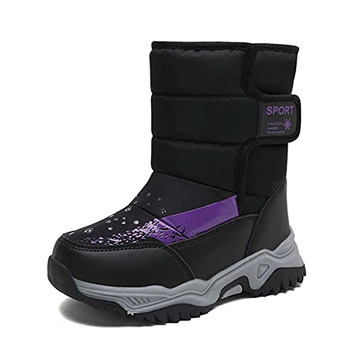 CERYTHRINA Kinder Schneestiefel Warm Gefütterte Snowboots für Jungen Mädchen Winterschuhe Klettverschluss Outdoor Sportstiefel Schwarz 35 von CERYTHRINA