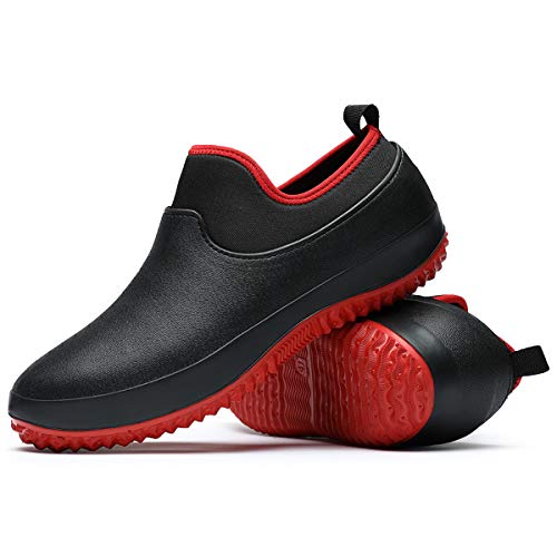 CERYTHRINA Men Women Erwachsene Gartenschuhe rutschfest Küchenschuhe Kochschuhe Regenstiefel Komfort Wasserdicht Arbeitsschuhe Gummischuh Indoor Outdoor Koch Clogs für Küche Büro Schwarz Rot 38 von CERYTHRINA