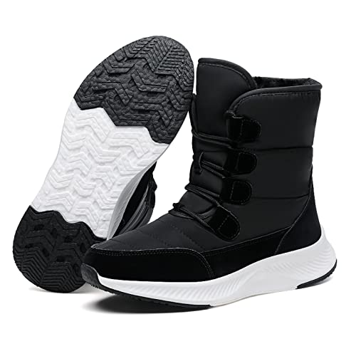 CERYTHRINA Schneestiefel Damen Mittlere Wade Winterschuhe Leicht Rutschfest Schnürstiefel Winter Warmer Wasserdicht Gefüttert Boots Schwarz 41 von CERYTHRINA