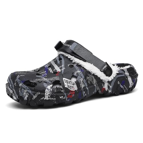 CERYTHRINA Winter Clogs Herren Damen Warme Fell Hausschuhe für Winter rutschfeste Eva Gartenschuhe mit Gefütterte Bequeme Fleece Pantoffeln Indoor Outdoor Black 43 von CERYTHRINA
