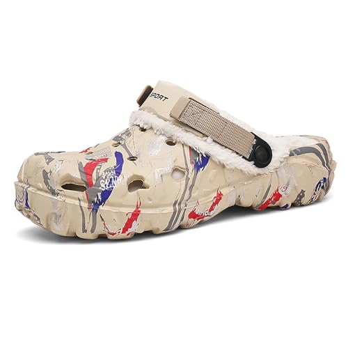 CERYTHRINA Winter Clogs Herren Damen Warme Fell Hausschuhe für Winter rutschfeste Eva Gartenschuhe mit Gefütterte Bequeme Fleece Pantoffeln Indoor Outdoor Khaki 47 von CERYTHRINA