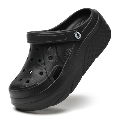 Damen Platform Garten Clogs Atmungsaktiv Komfort rutschfest High Heel Sandalen Sommer Outdoor Strand Hausschuhe Schwarz 38 von CERYTHRINA