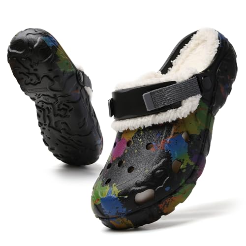 Herren Winter Clogs mit Warmem Fellfutter – Garten Hausschuhe für Innen & Außen, rutschfeste Gefütterte Pantoletten, Bequeme Slip-On Schuhe, Waschbar & Wasserdicht Black 43 von CERYTHRINA