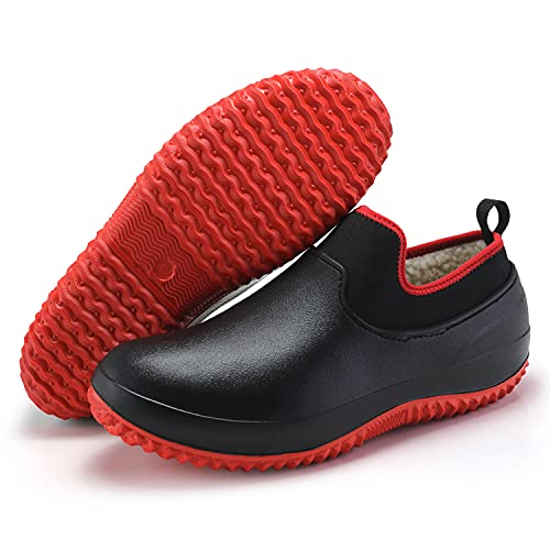 Männer Frauen Erwachsene Gartenschuhe rutschfest Küchenschuhe Kochschuhe Regenstiefel Wasserdicht Arbeitsschuhe Gummischuh Indoor Outdoor Koch Clogs für Küche Büro Schwarz/Rot-Baumwolle 38 von CERYTHRINA