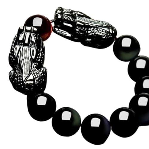 Feng Shui Schwarzer Obsidian Armband, Natürlicher Edelstein-Energie-Piyao-Regenbogenauge, Tigerauge, natürlicher Goldener Obsidian, verstellbar for Damen und Herren, 12 mm (Color : Black_14mm) von CETEOR