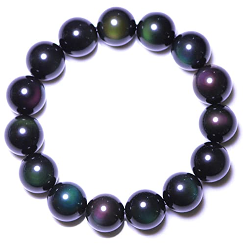 Feng Shui schwarz Obsidian Armband, Dreifachschutz Armband Schwarzes Paar Armband natürliche Regenbogenauge Black Obsidian Bead Kristall Ward-Off böse Geister für Frauen Männer, 14mm (Farbe: von CETEOR