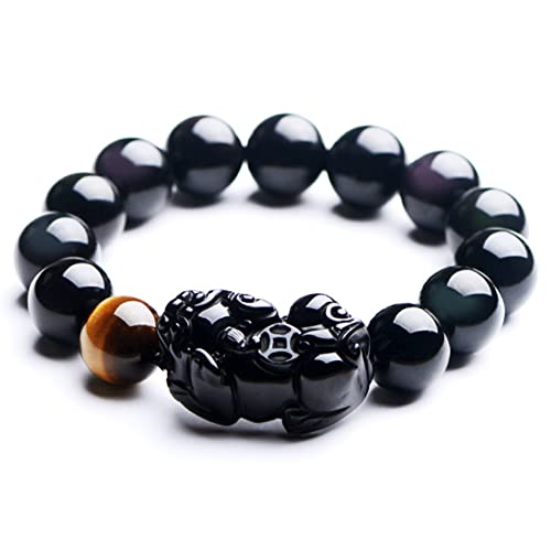 Feng Shui schwarzes Obsidian-Armband, dreifach Protecci Armband Feng Shui Amulett Pixiu Armband Vintage Schwarz Obsidian Natürliches Tigerauge Kristall mit Perlen vertreiben böse Geister for H, 14mm von CETEOR
