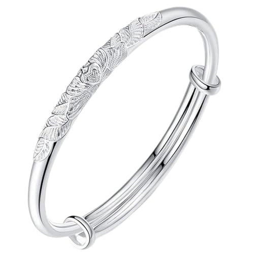 Freundschaftsarmband, Damen 925 Sterling Silber Verstellbarer Armreif Handgeschnitzt Pfingstrose Armband Sterling Silber Schmuck Geburtstagsgeschenke for Si (Color : Silver_Silver) von CETEOR