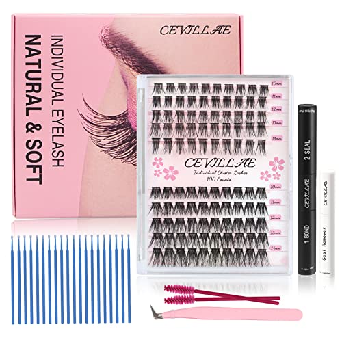 Wimpern Extensions, Cevillae 100Pcs Einzelne Wimpern Extensions Set Falsche Wimpern Natürlich DIY Wimpernverlängerung Kit mit 10-14mm Wimpernextension, Wimpernkleber, Entferner, Pinzette, Applikator von CEVILLAE