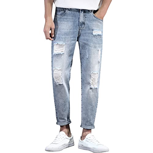 CEWIFO Gerader Baggy Jeans Herren blau Vacation Trekking Auflegen Jeans Herren Stretch Baggy Jeans Herren Cargo Stretch Leichte Zerrissene Jeans Destroyed Denim Hose Destroyed-Optik von CEWIFO