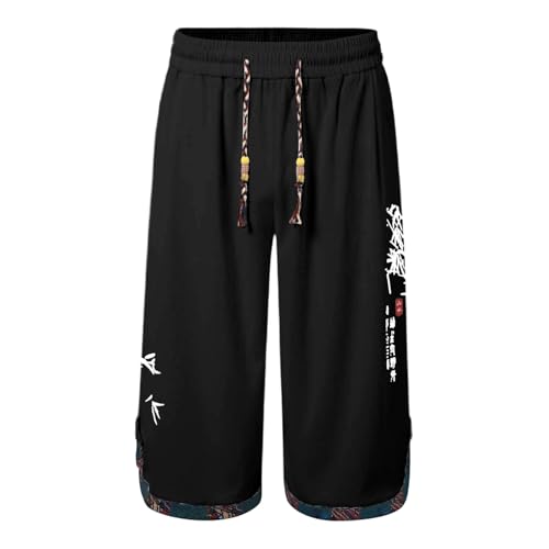 CEWIFO Japanische Taro-Leinen-Kurzhose Herren – traditionelles Design mit Kordelzug, atmungsaktiv für Sommer, Strand & Outdoor (Z7142-Black, XL) von CEWIFO