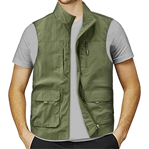 CEWIFO Sommerweste Herren Leicht Outdoor Weste Sommer Ohne Ärmel Jagdweste Camping Arbeitsweste Atmungsaktiv Sport Multifunktionsweste Dünne Softshelljacke mit Taschen (Z06241-Green, XXXXL) von CEWIFO