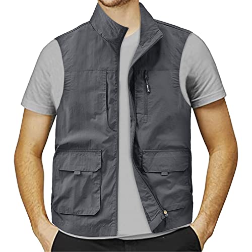 CEWIFO Sommerweste Herren Leicht Outdoor Weste Sommer Ohne Ärmel Jagdweste Camping Arbeitsweste Atmungsaktiv Sport Multifunktionsweste Dünne Softshelljacke mit Taschen (Z06241-Grey, XXXXL) von CEWIFO