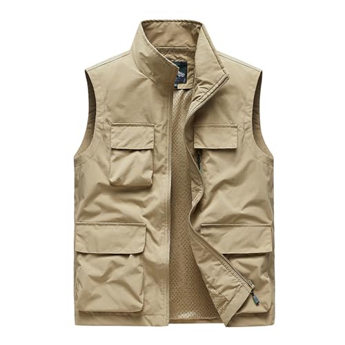 CEWIFO Sommerweste Herren Leicht Outdoor Weste Sommer Ohne Ärmel Jagdweste Camping Arbeitsweste Atmungsaktiv Sport Multifunktionsweste Dünne Softshelljacke mit Taschen (Z07011-Khaki, 3XL) von CEWIFO
