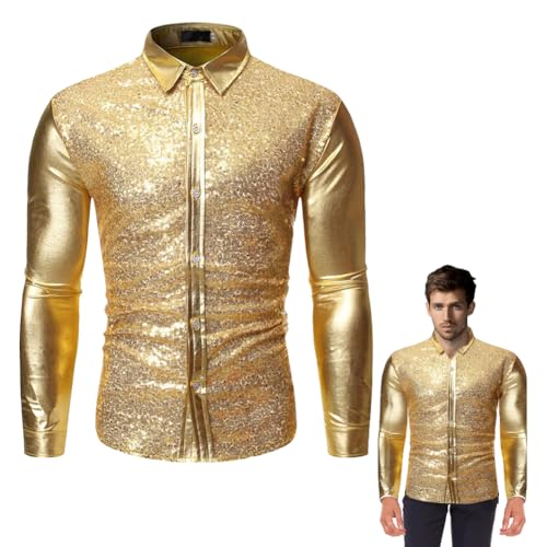 CEWROM Herren Pailletten Hemd, Herren Longsleeve Langarmshirt Hemd 70er Langarm Discokugel Kostüm Hippy Party Glänzend Clubwear für Cosplay Karneval Verkleidung, Fancy Dress, Regenbogen/Gold von CEWROM