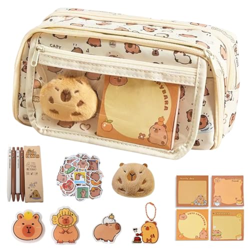CEWROM Capybara Federmäppchen, Stationery Set mit Capybara-Puppen-Schlüsselanhänger Broschen-Aufklebern, Mehrschichtige Federmäppchen mit Großem Fassungsvermögen, Schreibwaren Geschenk für Kinder von CEWROM