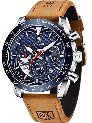 BENYAR Herren Quarzuhren mit Lederband, Analog Chronograph Uhr für Männer, perfekte Business Casual Sport Design Armbanduhr für Vater Sohn, Roségold Schwarz, Sport von CEYADG