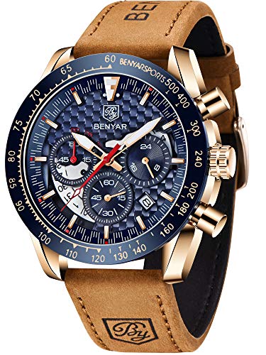 BENYAR Herren Quarzuhren mit Lederband, Analog Chronograph Uhr für Männer, perfekte Business Casual Sport Design Armbanduhr für Vater Sohn, Roségold Schwarz, Sport von CEYADG