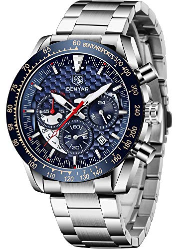 BENYAR Mode Herren Quarz Chronograph Wasserdicht Silikon Uhren Business Casual Sport Design Armbanduhr für Männer Perfekt für Vater Sohn Schwarz Blau Roségold, Blau, Chronograph von CEYADG