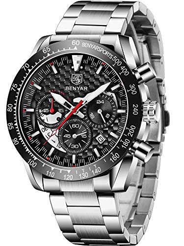 BENYAR Mode Herren Quarz Chronograph Wasserdicht Silikon Uhren Business Casual Sport Design Armbanduhr für Männer Perfekt für Vater Sohn Schwarz Blau Roségold, BY5176S Silver Black, Chronograph von CEYADG