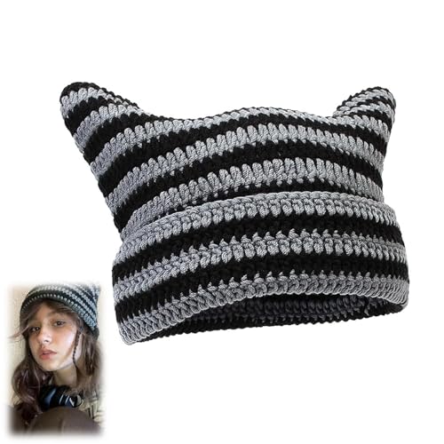 CEZKFH Cat Beanie, Winter Warme Elastisches Winterhüte Damen Mütze Katzenohren Mütze Strickmütze Wintermütze Vintage Goth Hut Vintage Zubehör für Damen Frauen Mädchen von CEZKFH