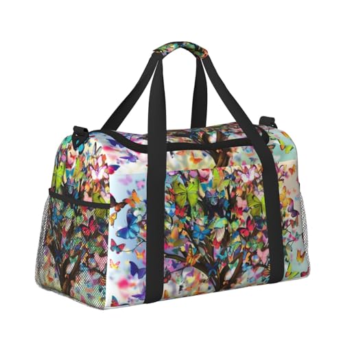 Kabinentasche, Reisetasche, Wochenende, Turnbeutel für Damen und Herren, klein, Handgepäck, unter dem Sitz, bunt, Schmetterlinge und Baum von CFAN