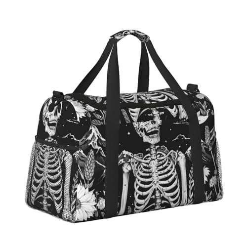 Kabinentasche, Reisetasche, Wochenende, Turnbeutel für Damen und Herren, kleines Handgepäck, Handgepäck, Blumen-Skelett, Berg, Mond und Stern von CFAN