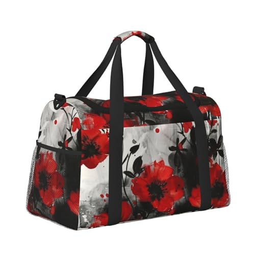 Kabinentasche, Reisetasche, Wochenende, Turnbeutel für Damen und Herren, kleines Handgepäck, Untersitz-Handgepäck, rote Blume, Tinte, Malerei, Kunst von CFAN