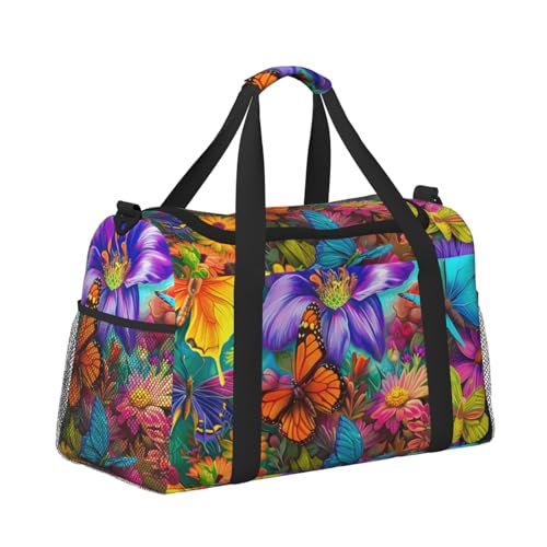 Kabinentasche, Reisetasche, Wochenende, Turnbeutel für Damen und Herren, kleines Handgepäck, unter dem Sitz, bunte Blumen und Schmetterlinge von CFAN