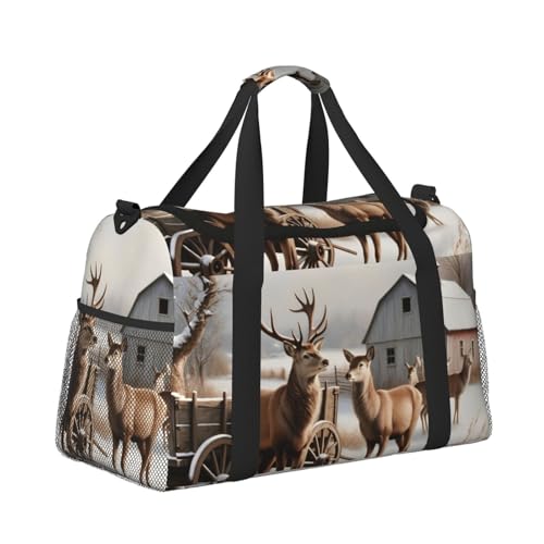 Kabinentasche, Reisetasche, Wochenende, Turnbeutel für Damen und Herren, kleines Handgepäck unter dem Sitz, Elch vor einer Winterkabine Kabinentasche, Reisetasche, Wochenende, Turnbeutel für Damen und Herren, kleines Handgepäck unter dem Sitz, Elch vor einer Winterkabine von CFAN