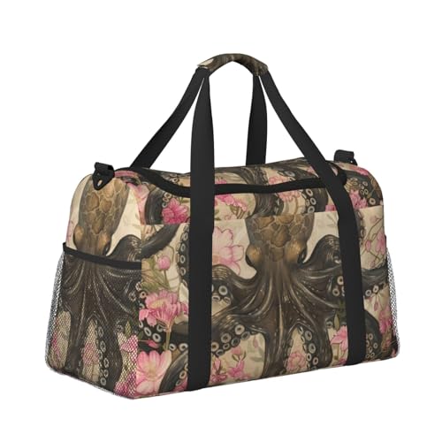 Kabinentasche, Reisetasche, Wochenende, Turnbeutel für Damen und Herren, kleines Handgepäck unter dem Sitz, Oktopus umgeben von rosa Blumen von CFAN