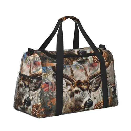 Leichte Reisetasche für Wochenendausflüge, Handgepäck, Kabinentasche, Turnbeutel oder Übernachtungstasche, Weißschwanz-Hirsch-Altwälder, Retro-amerikanische Flagge von CFAN