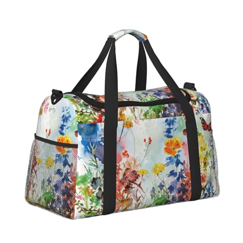 Leichte Reisetasche für Wochenendausflüge, Handgepäcktasche, Turnbeutel oder Übernachtungstasche, Aquarell-Blumen und Schmetterlinge von CFAN