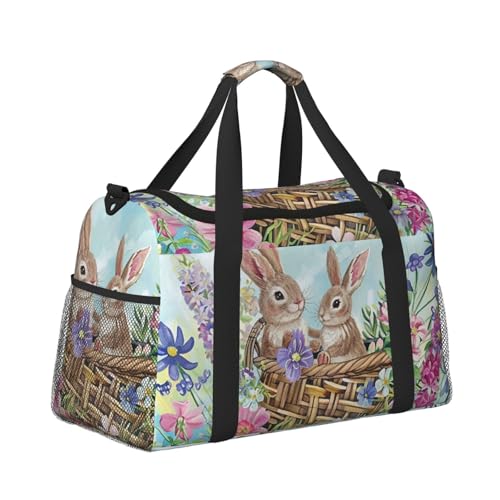 Leichte Reisetasche für Wochenendausflüge, Handgepäcktasche, Turnbeutel oder Übernachtungstasche, Aquarellkorb mit Blumen und Kaninchen von CFAN