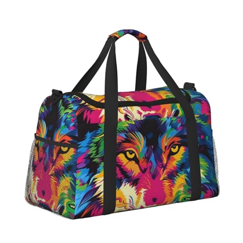 Leichte Reisetasche für Wochenendausflüge, Handgepäcktasche, Turnbeutel oder Übernachtungstasche, bunter Wolfskopf von CFAN