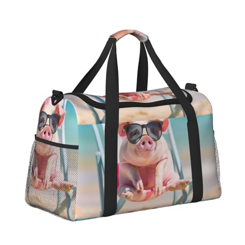 Leichte Reisetasche für Wochenendausflüge, Handgepäcktasche, Turnbeutel oder Übernachtungstasche, süßes Schweinchen mit Sonnenbrille am Strand von CFAN