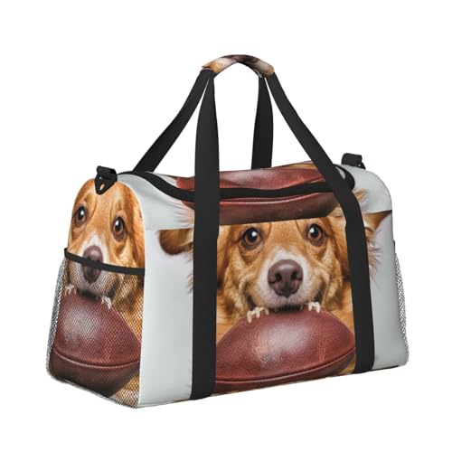 Leichte Weekender Duffel Bags Reisetasche - Handgepäcktasche, Kabinentasche, Turnbeutel oder Übernachtungstasche, Hund hält Fußball von CFAN