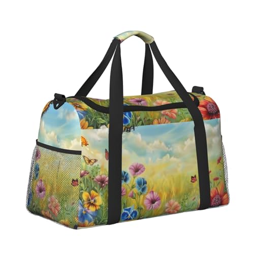 Leichte Weekender Duffel Bags Reisetasche - Handgepäcktasche, Kabinentasche, Turnbeutel oder Übernachtungstasche, Schmetterling fliegt über Blumenfeld von CFAN