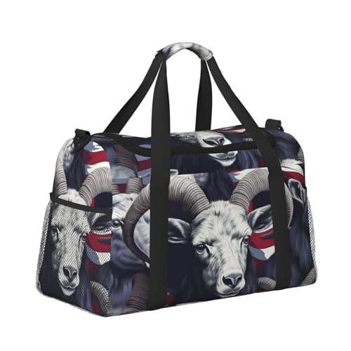 Leichte Weekender Duffel Bags Reisetasche - Handgepäcktasche, Kabinentasche, Turnbeutel oder Übernachtungstasche, Ziege mit amerikanischem Flaggenmuster von CFAN
