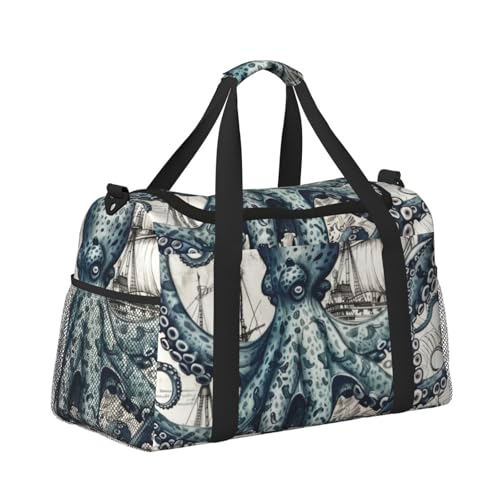 Leichte Weekender Duffel Bags Reisetasche - Handgepäcktasche, Kabinentasche, Turnbeutel oder Übernachtungstasche, nautische Karte mit Oktopus und Schiff von CFAN