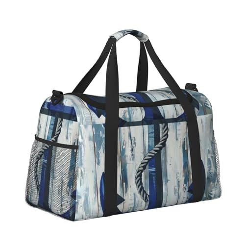 Leichte Weekender Duffel Bags Reisetasche - Handgepäcktasche, Kabinentasche, Turnbeutel oder Übernachtungstasche, nautischer Anker auf rustikalem Holzbrett von CFAN