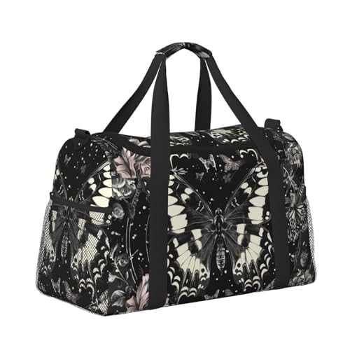 Leichte Weekender Seesack Reisetasche – Handgepäcktasche, Kabinentasche, Turnbeutel oder Übernachtungstasche, Schwarz und Weiß Schmetterling und Blumen Leichte Weekender Seesack Reisetasche – Handgepäcktasche, Kabinentasche, Turnbeutel oder Übernachtungstasche, Schwarz und Weiß Schmetterling und Blumen von CFAN