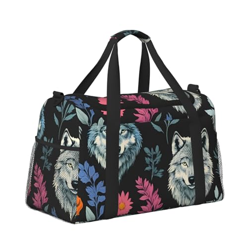 Leichte Weekender Seesack Reisetasche – Handgepäcktasche, Kabinentasche, Turnbeutel oder Übernachtungstasche, Wolfskopf und Blumenmuster Leichte Weekender Seesack Reisetasche – Handgepäcktasche, Kabinentasche, Turnbeutel oder Übernachtungstasche, Wolfskopf und Blumenmuster von CFAN