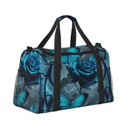 Leichte Weekender Seesack Reisetasche – Handgepäcktasche, Kabinentasche, Turnbeutel oder Übernachtungstasche, blaue Rose und Schmetterlinge von CFAN