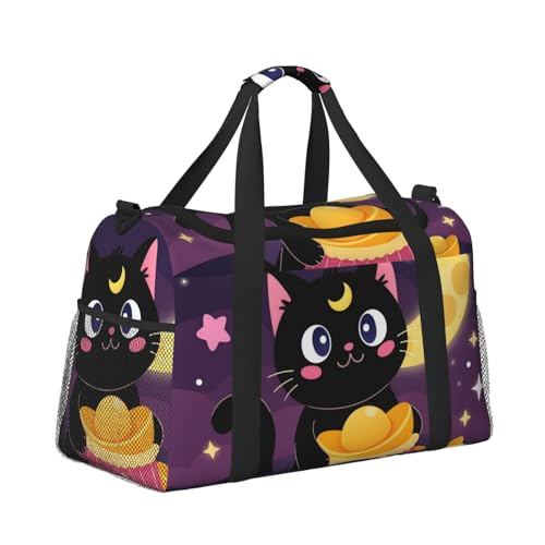 Leichte Weekender Seesack Reisetasche – Handgepäcktasche, Kabinentasche, Turnbeutel oder Übernachtungstasche, süße schwarze Katze mit Mond Leichte Weekender Seesack Reisetasche – Handgepäcktasche, Kabinentasche, Turnbeutel oder Übernachtungstasche, süße schwarze Katze mit Mond von CFAN
