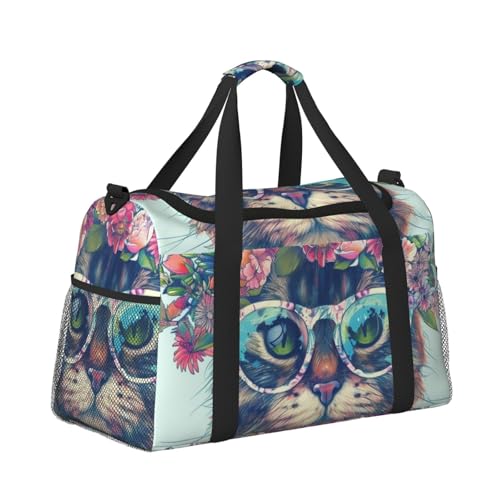 Sporttasche, Reisetasche, Reisetasche, Reisetasche, Handgepäck, Wochenende, Übernachtung, für Herren und Damen, Katze mit Blumenkranz, Sonnenbrille Sporttasche, Reisetasche, Reisetasche, Reisetasche, Handgepäck, Wochenende, Übernachtung, für Herren und Damen, Katze mit Blumenkranz, Sonnenbrille von CFAN