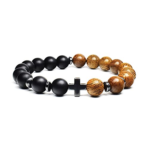 Herren Damen Armband Kreuz Rosenkranz Perlen Armband Holz Anhänger Mattierter Stein Kruzifix Stretch Religiöse Charme Vintage Armbänder Für Armbander Madchen Perlenarmbänder-Set,A-1PCS von CFGHJKL;