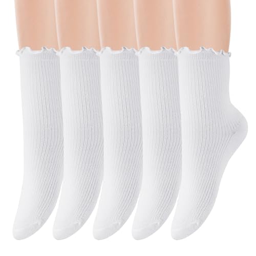 5 Paar Rüschen Socken,Socken mit Rüschen Damen Weiße Socken Crew Socks,Socken Rüschen Ruffle Socks Premium-Baumwolle Weiche Atmungsaktive Gestrickt Knöchelsocken für Damen und Mädchen Geschenk von CFHOOAY
