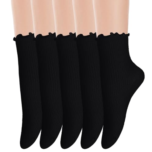 CFHOOAY 5 Paar Rüschen Socken,Socken mit Rüschen Damen Weiße Socken Crew Socks (DE/NL/SE/PL, Alphanumerisch, Einheitsgröße, Regular, Regular, 5, Schwarz) von CFHOOAY